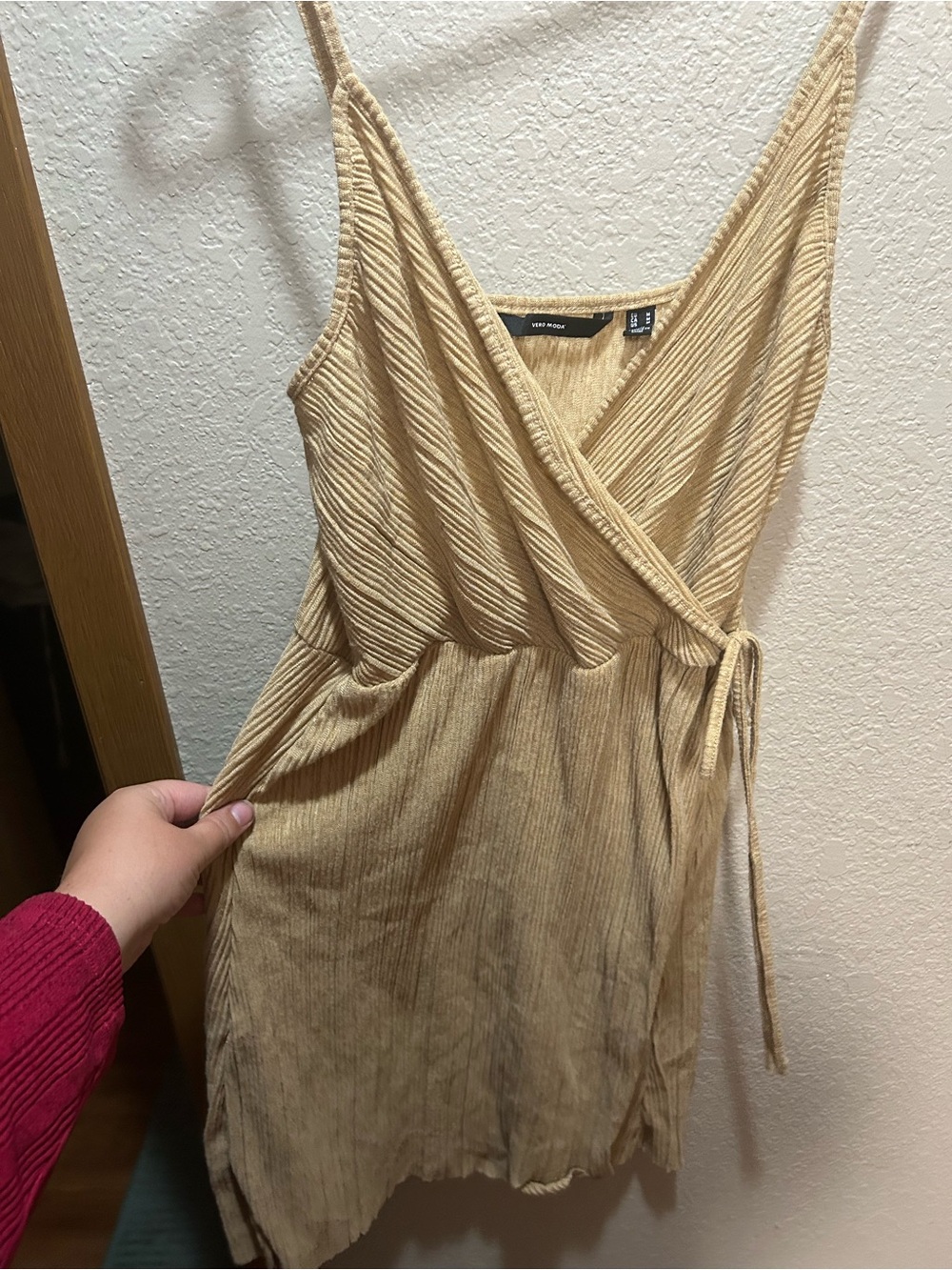 Vero Moda Tan Ribbed Wrap-Front Mini Dress